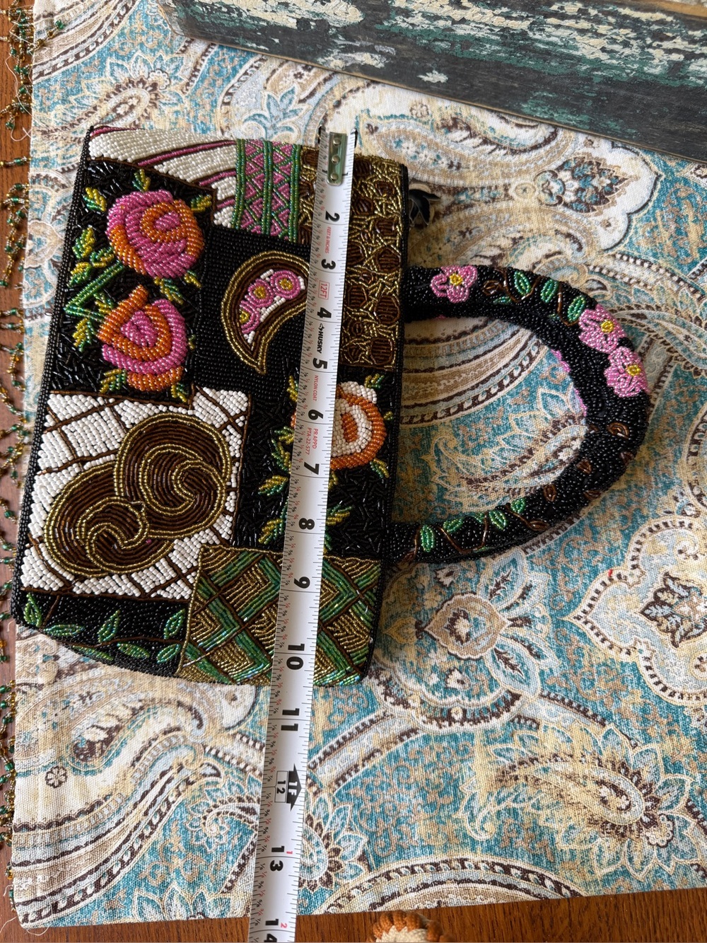 Glass Beaded Top Handle Handbag Floral Paisley Purse Vintage 1980s - Picture 7 of 11